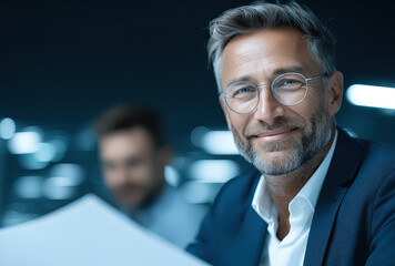 Sophisticated professional businessman wearing eyeglasses smiling confidently in modern blurred corporate office setting.