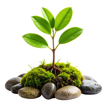 A young green plant with smooth, rounded leaves sprouts from a patch of mossy soil, resting on smooth, gray river stones. Dark background highlights the plant