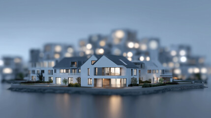 Luxurious modern waterfront residential property illuminated beautifully during tranquil evening hours showcasing architecture.