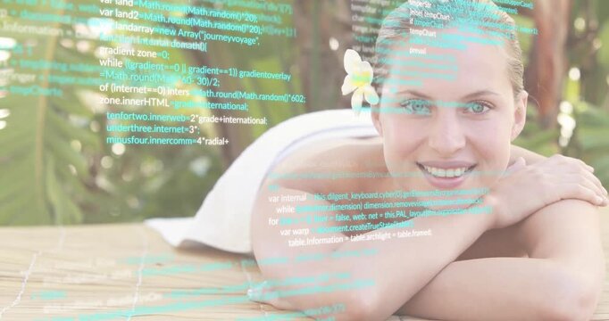 Woman lying on spa table, timer hitting one second launching JS overlay blending code with foliage