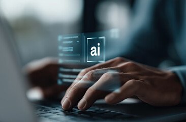 Hands type on keyboard with illuminated artificial intelligence symbol displayed.