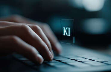 Illuminated technological symbol hovers above keyboard during professional computing activity.