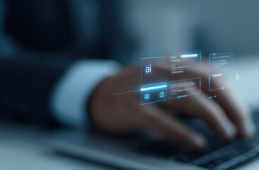 Professional interacts with translucent holographic technological interface through gestural control.
