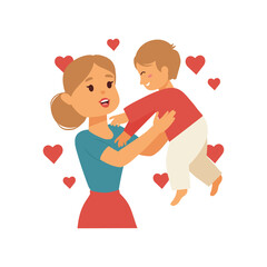 Loving mother holding up her happy child surrounded by red hearts illustration vibrant colors simple design clean background joy affection family bonding 