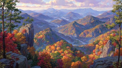 Majestic Autumn Landscape with Colorful Foliage and Mountain View