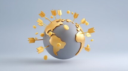 Golden World Globe with Arrows Symbolizing Global Connectivity and Targeting Success in Business and Innovation
