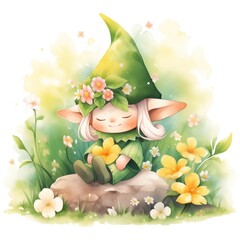 Cute sleepy dwarf sitting on rock with flower on his hand. Fairy creature character for children book or greeting card.
