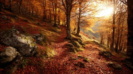 Obraz premium Serene Autumn Forest Path with Golden Leaves and Warm Sunlight