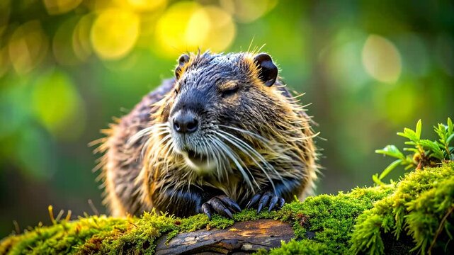 Nutria Rodent Resting on a Mossy Log in a Green Environment.