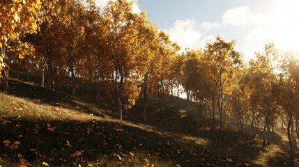 Fototapeta premium Serene Autumn Forest with Golden Leaves and Soft Sunlight Glow