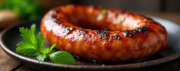 Sizzling Homemade Poultry Sausage A Close-Up of Rustic, Juicy Perfection, Ready to Enjoy a Hearty Meal or Snack
