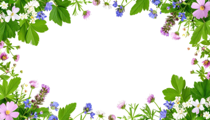 A frame of vibrant wildflowers & lush green foliage encircle an empty black space. Various blossoms burst with color, framing an invitation for something new