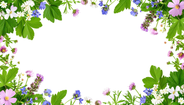 A frame of vibrant wildflowers & lush green foliage encircle an empty black space. Various blossoms burst with color, framing an invitation for something new