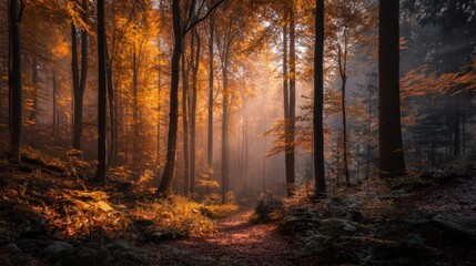 Obraz premium Tranquil Autumn Forest with Warm Sunlight and Colorful Foliage