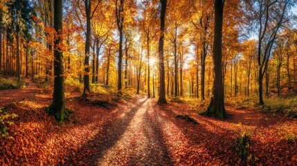 Obraz premium Vibrant Autumn Forest with Colorful Foliage and Sunlit Pathway