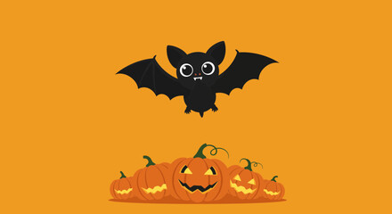 Fototapeta premium Adorable bat flying over playful pumpkins, perfect for Halloween greetings and spooky season fun, a charming design with a whimsical vector style