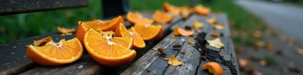 Orange Peels and Decay Urban Litter on a Park Bench on a Softly Lit Overcast Day