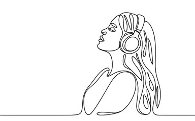 Simple one line vector illustration of a long-haired woman enjoying music through headphones, representing relaxation, calmness, and creative mood.