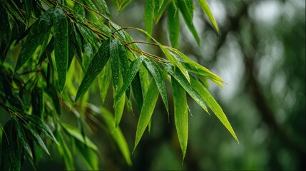Naklejka premium Fresh Green Bamboo Leaves with Raindrops in Nature's Embrace