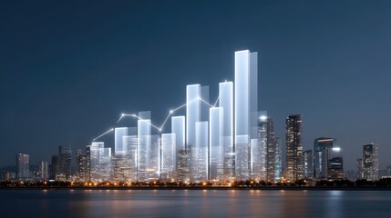Fototapeta premium Modern City Skyline with Data Visualization Overlay at Night, Business Growth Concept