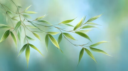 Fototapeta premium Gentle Bamboo Leaves Against a Soft Blue Abstract Background