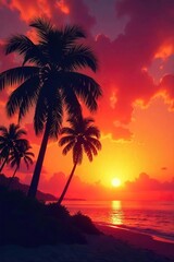 Fiery Sunset Silhouette of Palm Trees Stunning Tropical Paradise Image Perfect for Travel and Vacation Marketing