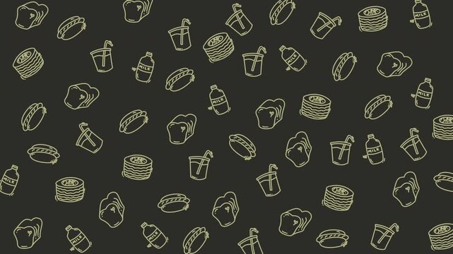 A doodle of food pattern, fast food snacks and drinks background, perfect for food blogs, menus, social media posts, or restaurant advertising materials.