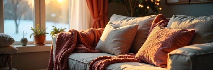Sunlit Winter Hygge Scene Plush Couch, Warm Blanket, Fireplace, Relaxation