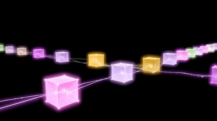 Futuristic Network of Colorful Cubes Connected by Energetic Lines in Dark Background