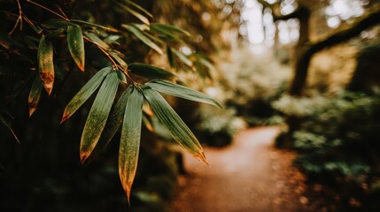 Lush Green Bamboo Leaves Framing a Serene Forest Pathway Scene