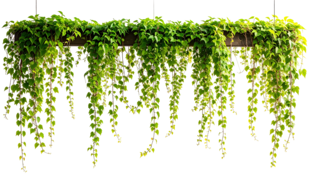 A lush, hanging plant arrangement with vibrant green foliage cascades downwards. The leaves are numerous and detailed. The plant is suspended from an unseen structure. The image has a black background