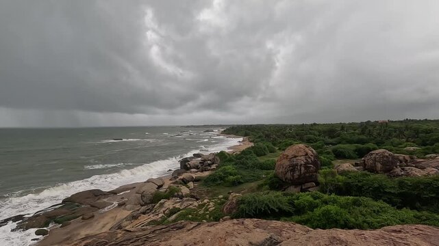 Dramatic Stormy Clouds Over Rocky Coastal Area at Kirinda Coast &ndash; Moody Ocean Landscape