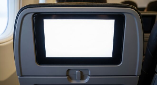 Airplane seat-back entertainment screen displaying a blank white screen, viewed from behind with a window visible in the background.