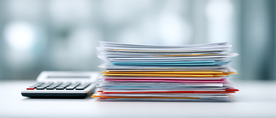 Stacks of Colorful Documents Beside a Calculator on a White Table in a Bright Office Setting