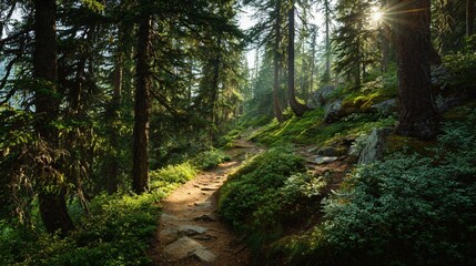 Fototapeta premium Discover a stunning forest trail bathed in sunlight, perfect for hiking adventures and nature retreats, inviting exploration and tranquility today