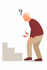 Senior Man Hesitating to Climb Stairs Due to Osteoporosis Vector