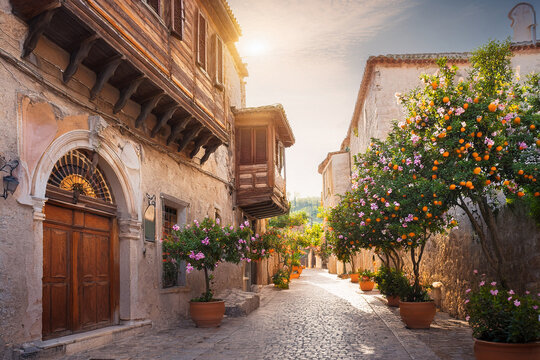 Historic old town street in Damascus, Syria, with traditional stone architecture and vibrant pink flowering trees under bright sunlight