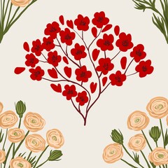 Nature Pattern Background Illustration For Cover, Banner, Notes. Fall Winter Aesthetic Background. Plant And Flower Pattern Background.