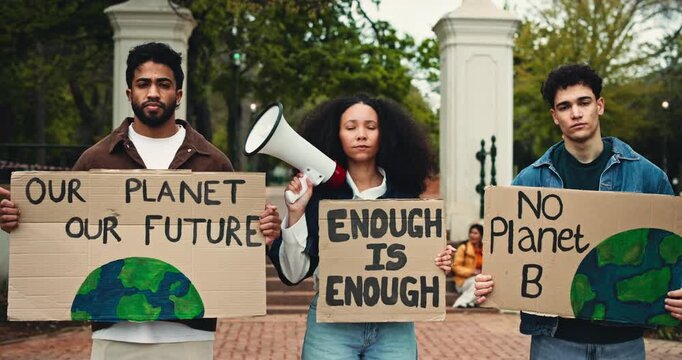 Students, poster and face for protest at campus with loudspeaker for climate change demonstration. People, group and sign for sustainability, eco friendly and global warming awareness at university