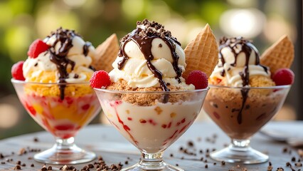 A vibrant display of three delicious ice cream sundaes topped with chocolate sauce, whipped cream, and fresh raspberries, served in elegant glass bowls.