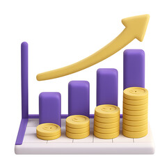 Fototapeta premium Rising bar graph with coins 3d render purple and gold color scheme business growth concept high quality professional