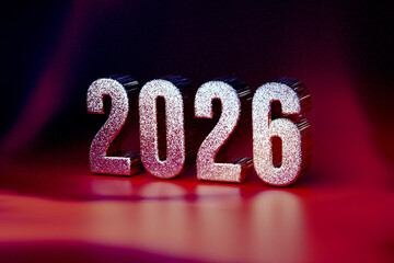 Happy New Year 2026: Luxury 3D Glitter Text on a Festive Red and Black Reflective Background
