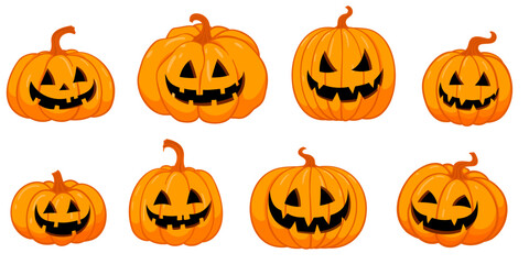 Carved pumpkins, Halloween vector cartoon spooky creepy funny pumpkins set
