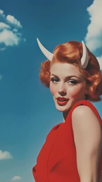 Woman with red hair and devil horns looking up and directly at camera in a charming way, halloween video
