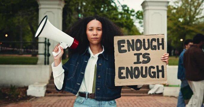 Face, protest and woman with sign, university and demand for change, megaphone and fight for justice. Activist, message and person with board for financial crisis, unhappy and tuition fees in college