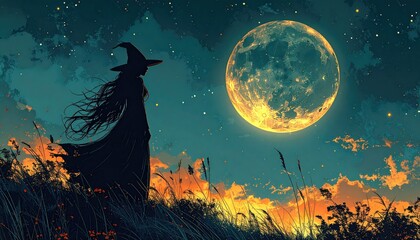 Silhouette of a Witch Under a Full Moon