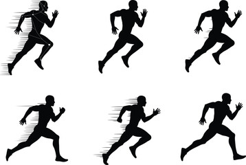 Running silhouette set, motion sequence vector, black illustration, athletic stride, speed lines, dynamic pose, sports movement, sprint action