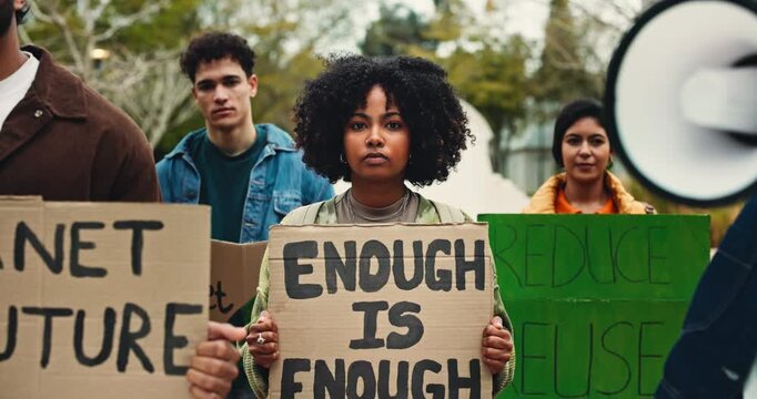 Girl, poster and face for protest at college, loudspeaker and climate change demonstration. Woman, group and sign for call to action, sustainability or global warming awareness at university campus