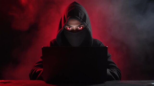 Mysterious Hacker in Hoodie with Glowing Red Eyes Using Laptop in Dark Room 4k video