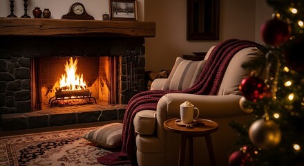 Cozy living room with fireplace christmas tree and armchair view